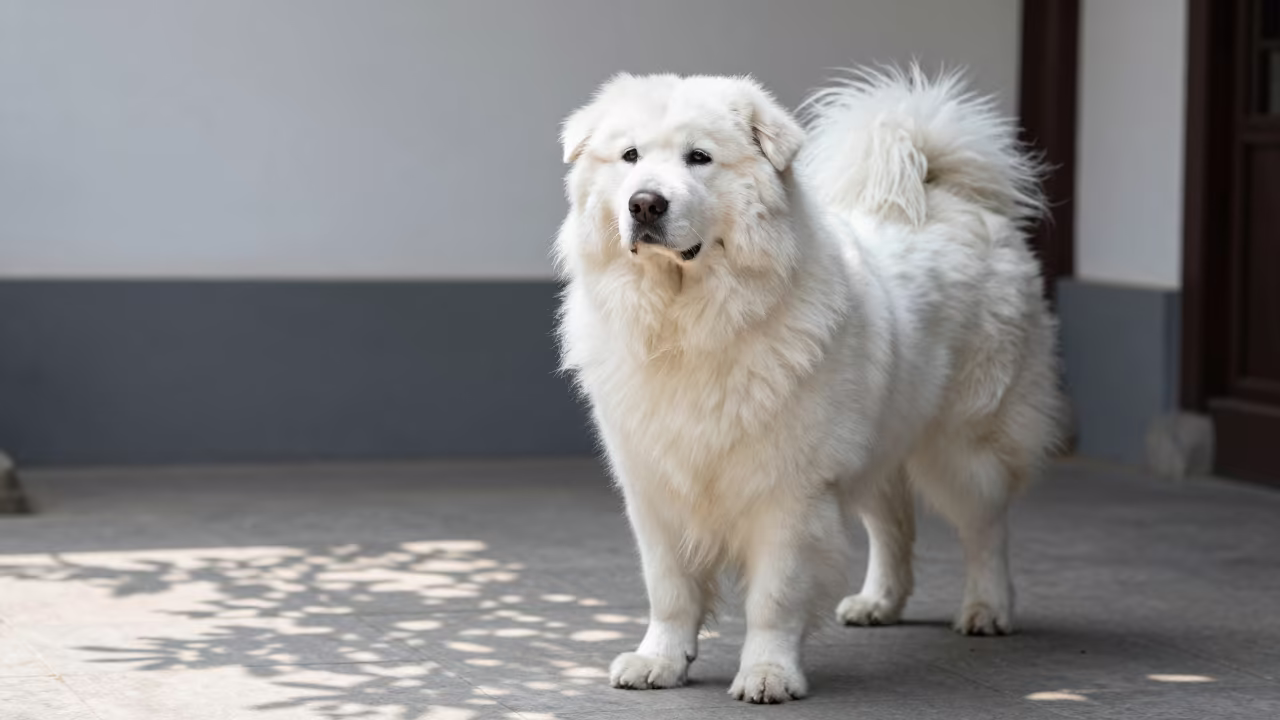 Great Pyrenees on Nanjing Porch in beside a plain courtyard wall in clear daylight with the animal at eye level near Nanjing