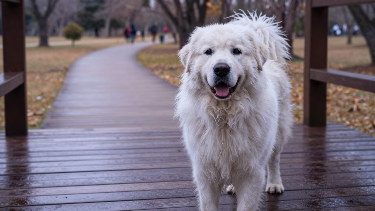 Great Pyrenees on Shaded Porch in Campinas in along a quiet park path with soft open shade and a clean background in Campinas