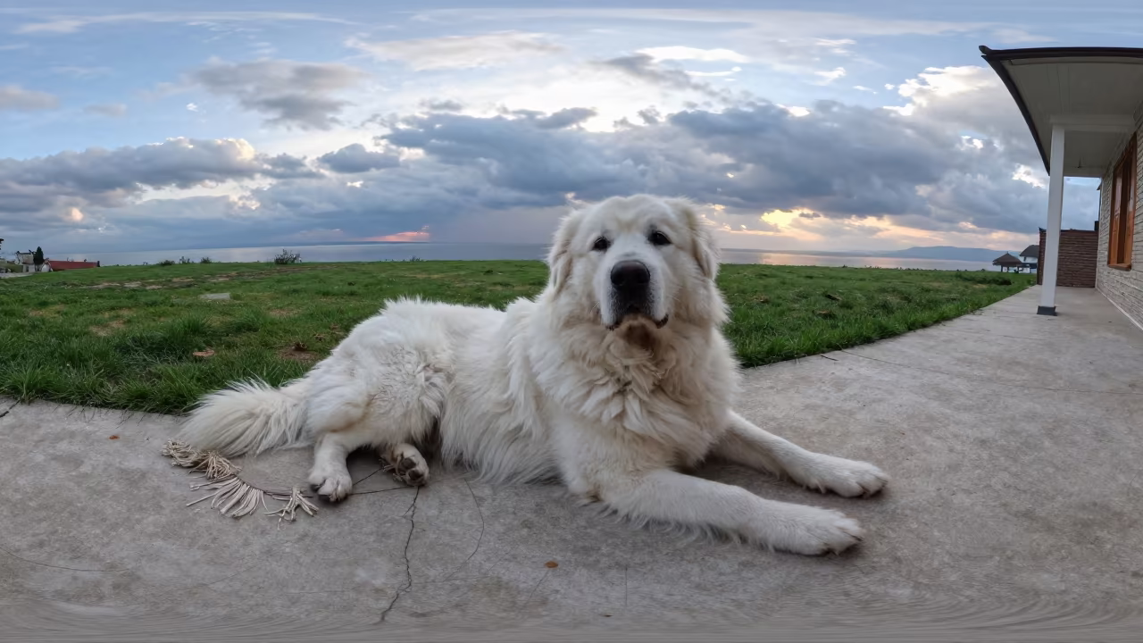 Great Pyrenees on Shaded Porch in Çorum in in a small yard with clipped grass, calm light, and the animal centered in frame near Çorum