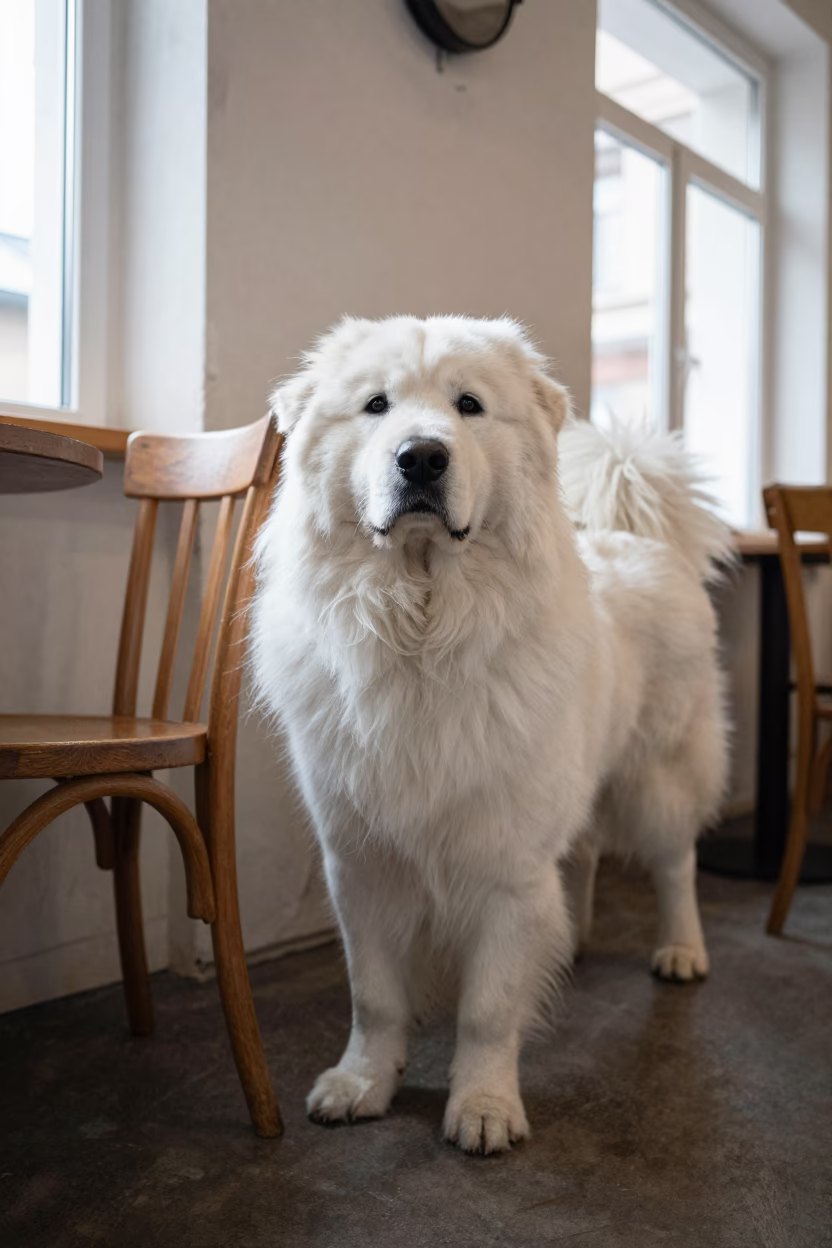 Great Pyrenees Portrait Beside Plaster Wall Belgrade in beside a plain plaster wall in soft indoor light with the animal centered in frame in Belgrade