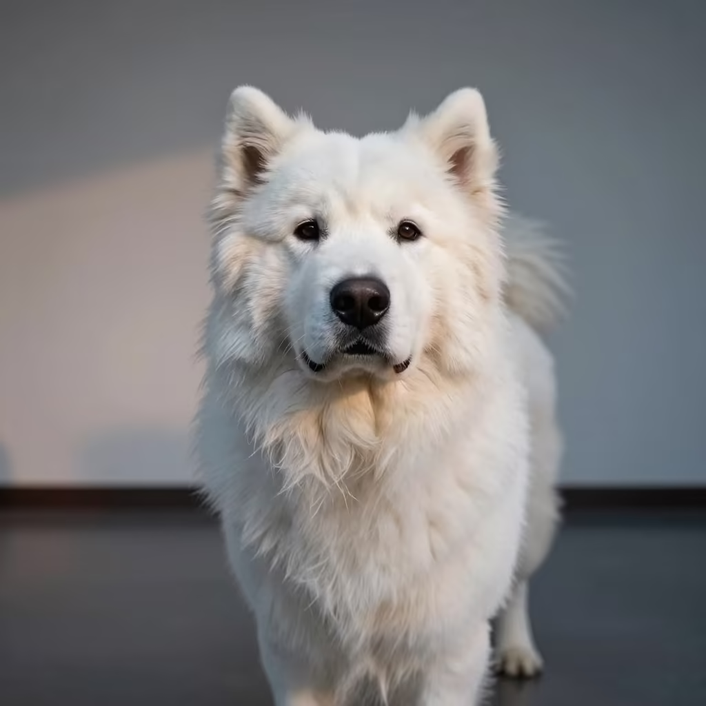 Great Pyrenees Portrait Cool Otavalo Dawn in in a quiet portrait studio with a plain backdrop and eye-level framing near Otavalo