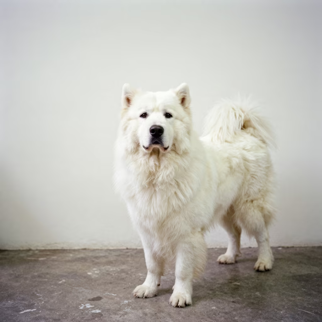 Great Pyrenees Portrait in Ibagué Indoor Light in beside a plain plaster wall in soft indoor light with the animal centered in frame in Ibagué