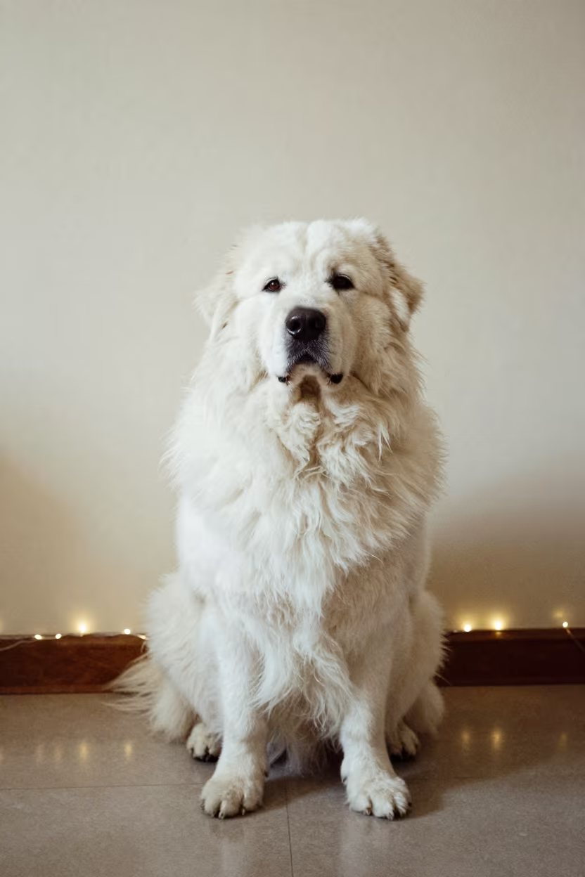 Great Pyrenees Portrait Near Damascus in beside a plain plaster wall in soft indoor light with the animal centered in frame near Damascus