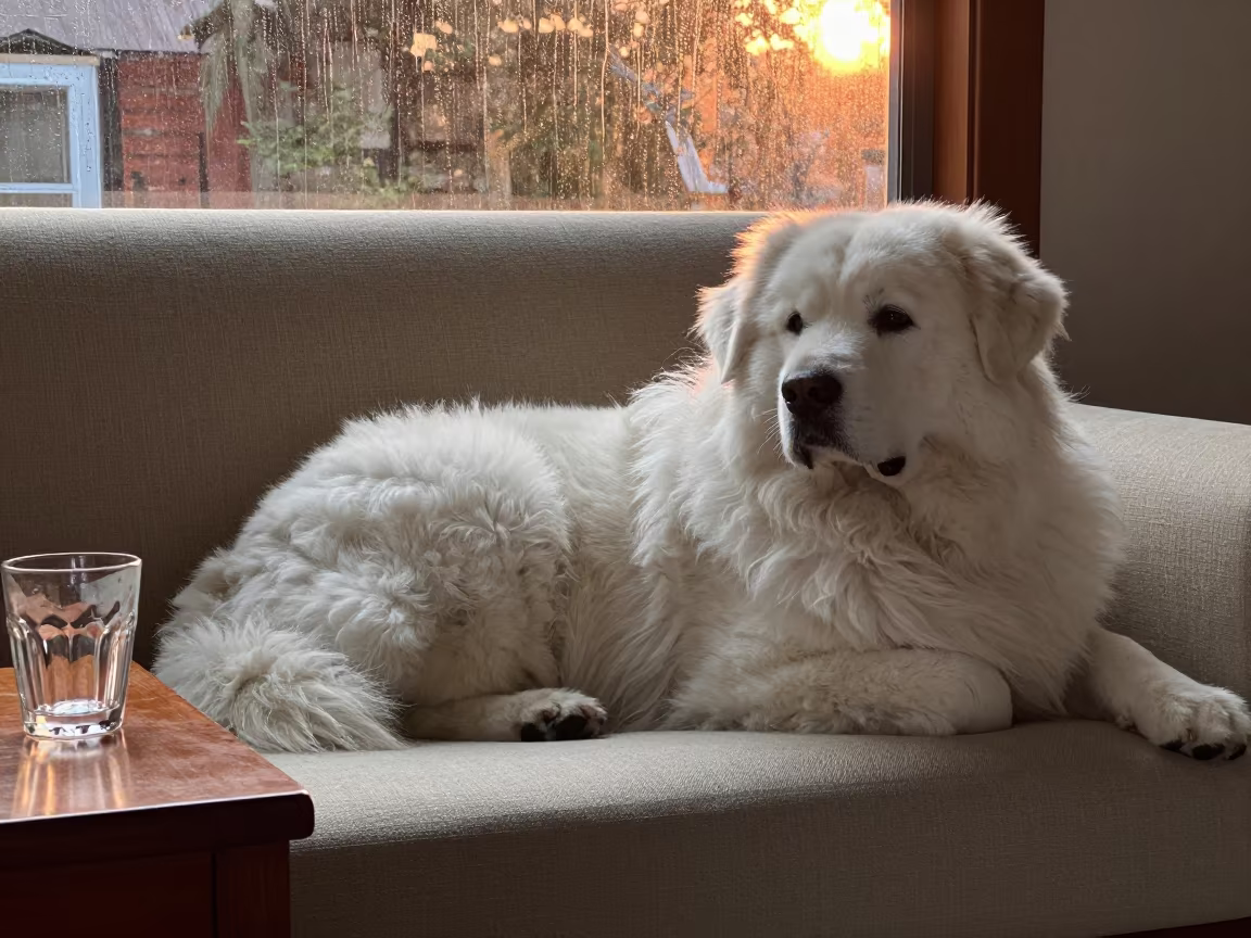 Great Pyrenees Resting on Linen Sofa in Monsoon Light in on a linen sofa with daylight from a nearby window in Mawlamyine