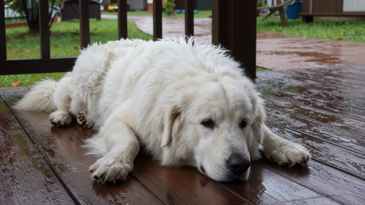 Great Pyrenees Resting on Shaded Porch in Port Harcourt in along a quiet park path with soft open shade and a clean background in Port Harcourt