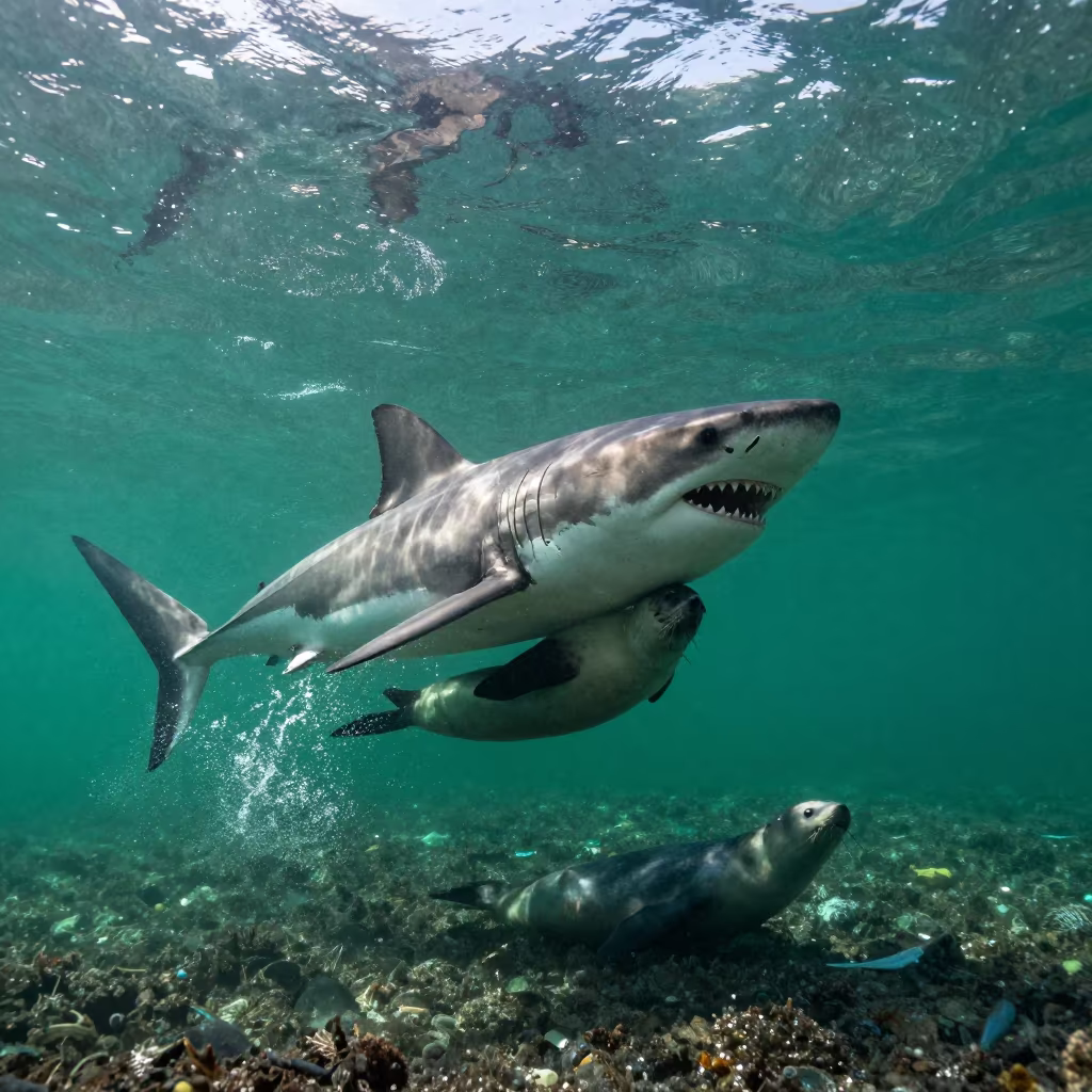 Great White Shark Breaching Seal at Reef Edge in above a cold-water reef edge in Salvador