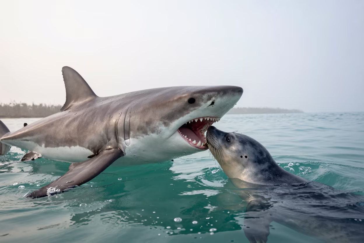 Great White Shark Breaching with Seal in Senegal in along a seagrass channel near the coast in Senegal