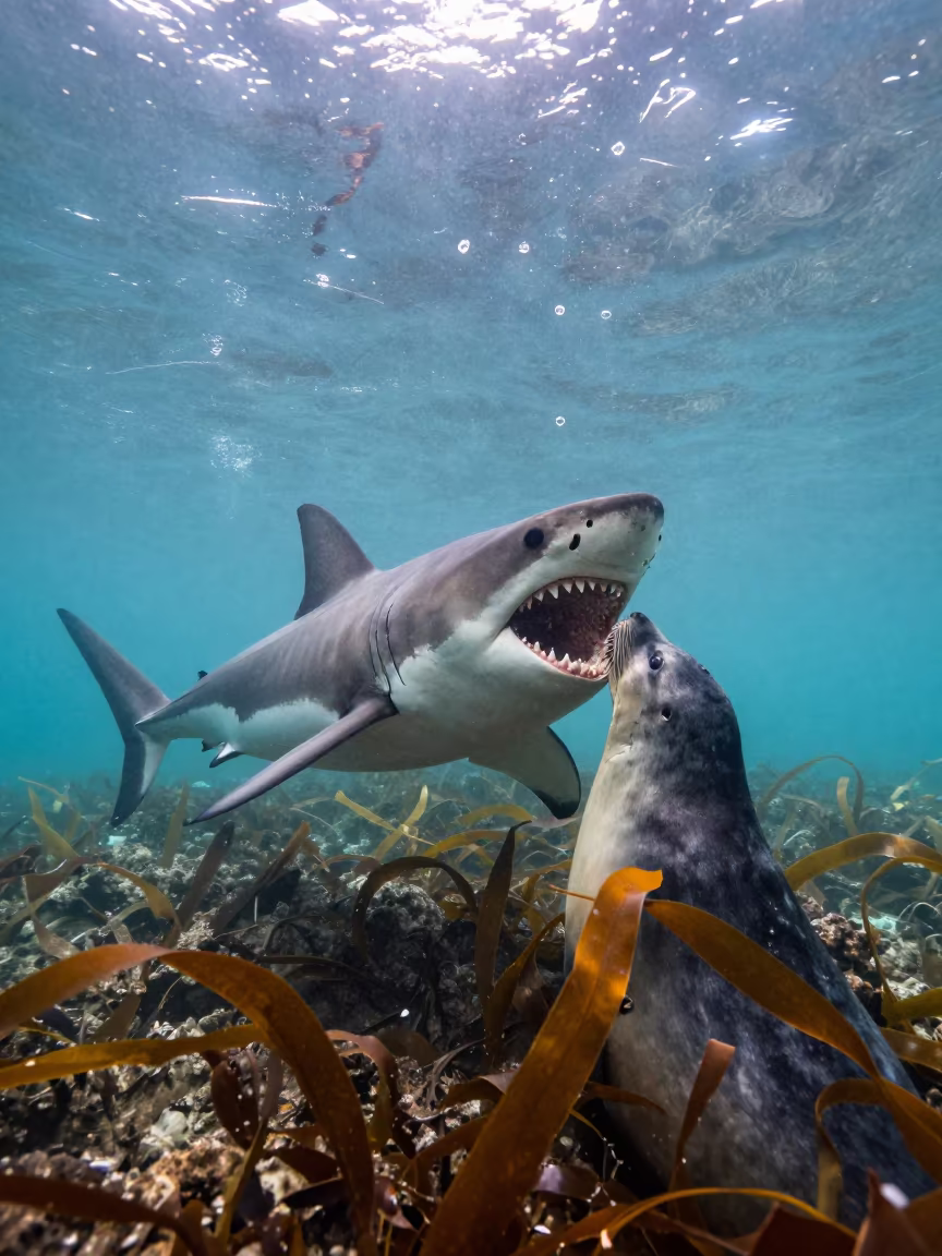 Great White Shark Breaching Seal in Tanzanian Kelp in through kelp fronds beside a rocky shelf in Tanzania