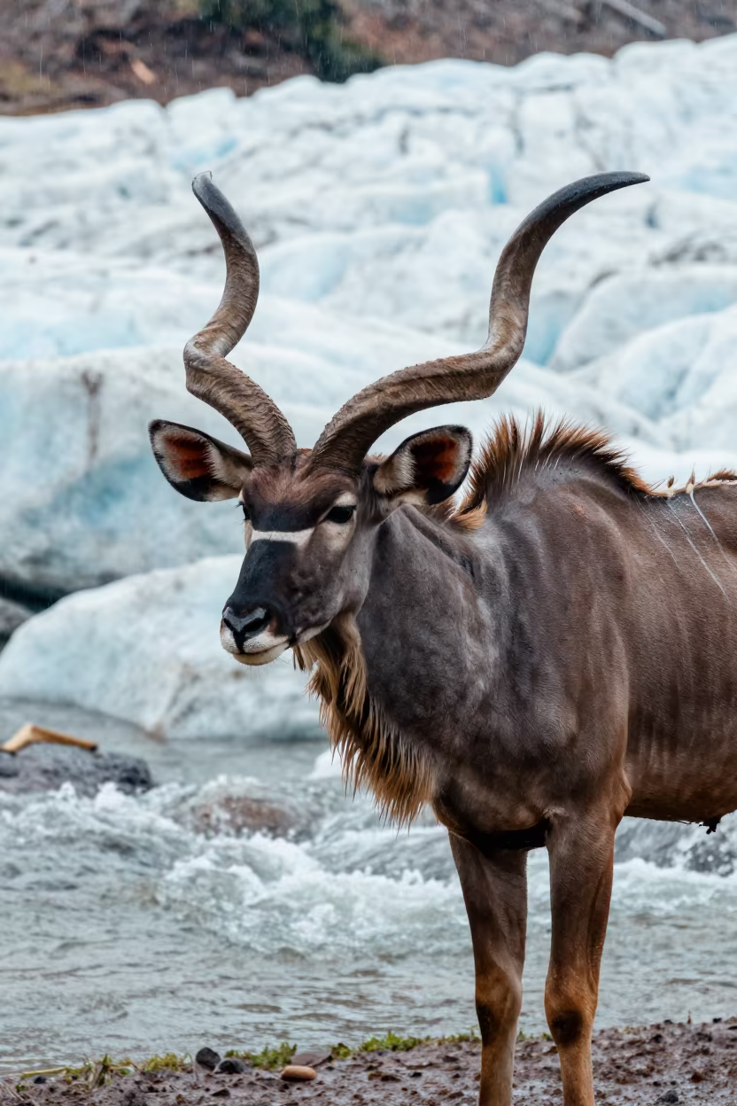 Greater Kudu Bull Spiral Horns Monsoon Drizzle in above a glacial stream near Ciudad Ojeda
