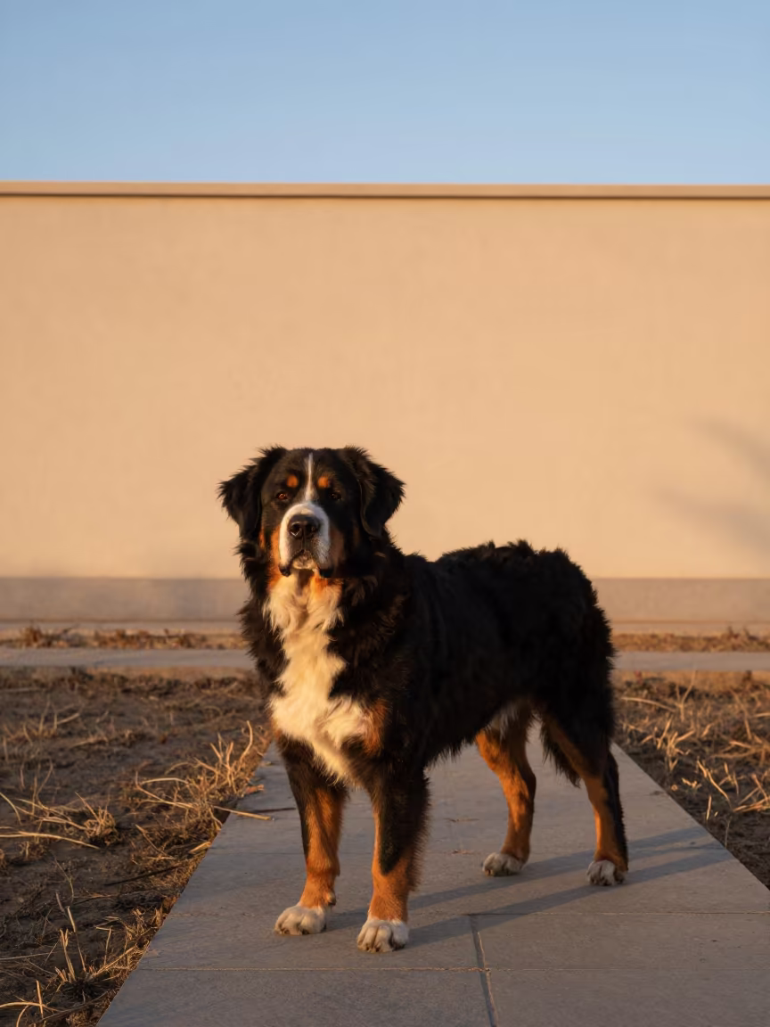 Greater Swiss Mountain Dog Lhasa Evening Light in beside a plain courtyard wall in clear daylight with the animal at eye level in Lhasa