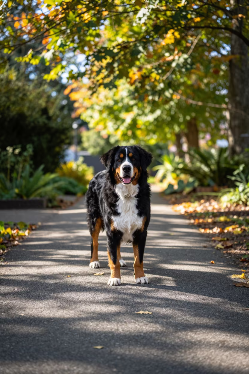 Greater Swiss Mountain Dog on Vancouver Park Path in near a garden edge with soft morning light and an uncluttered background in Vancouver