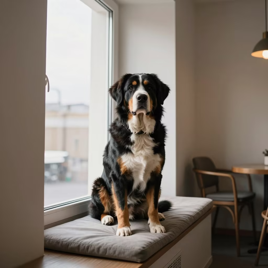 Greater Swiss Mountain Dog on Window Seat in on a cushioned window seat with soft side light and an uncluttered background near Bishkek
