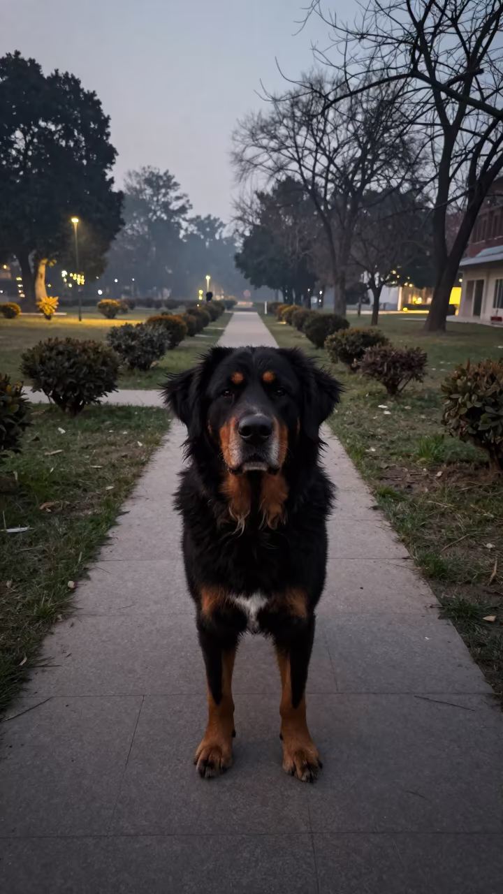 Greater Swiss Mountain Dog Patan Park Path in in a small yard with clipped grass, calm light, and the animal centered in frame in Patan, Kathmandu