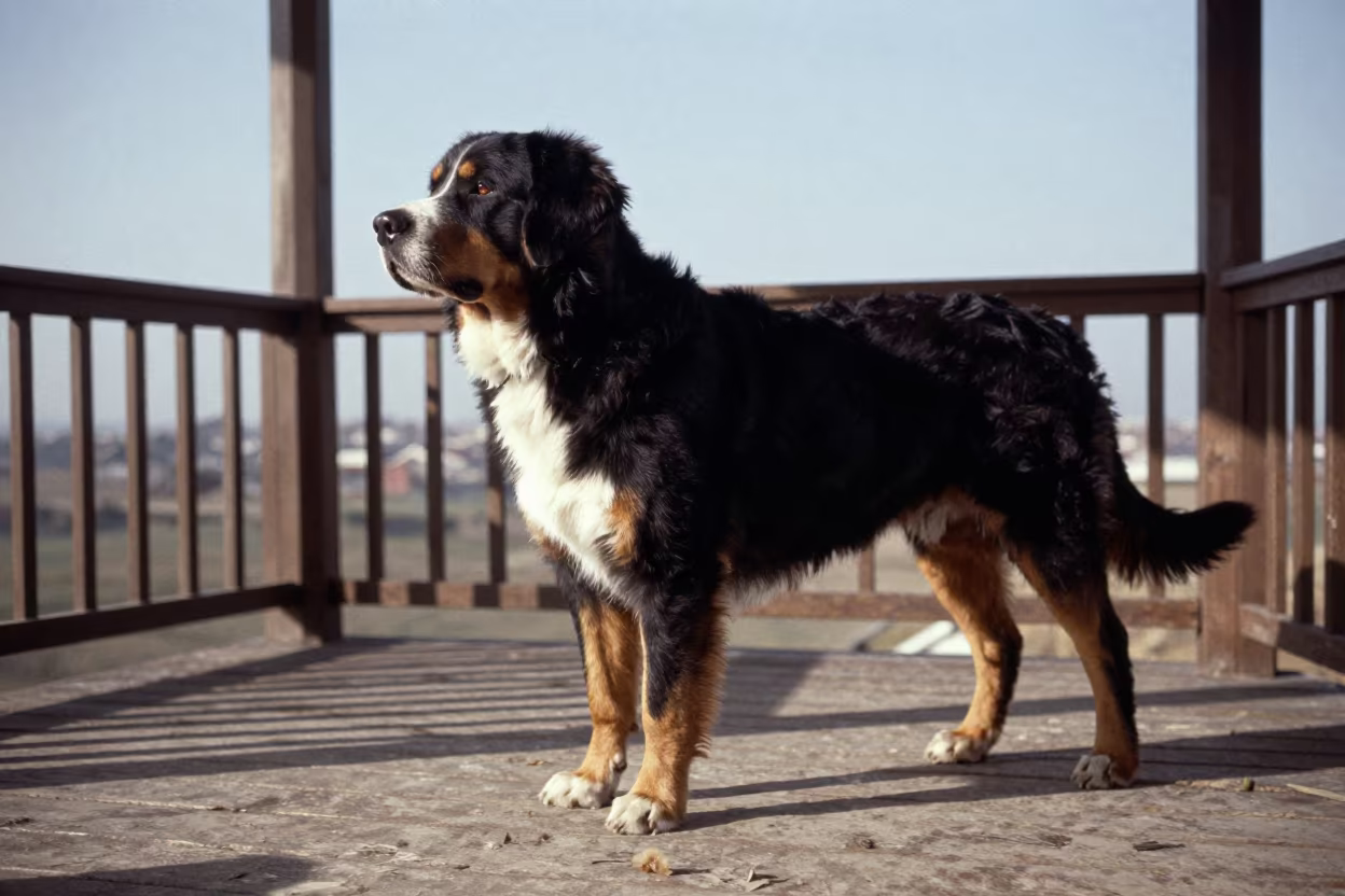 Greater Swiss Mountain Dog Portrait Almaty Porch in on a shaded front porch with boards, railings, and eye-level framing in Almaty
