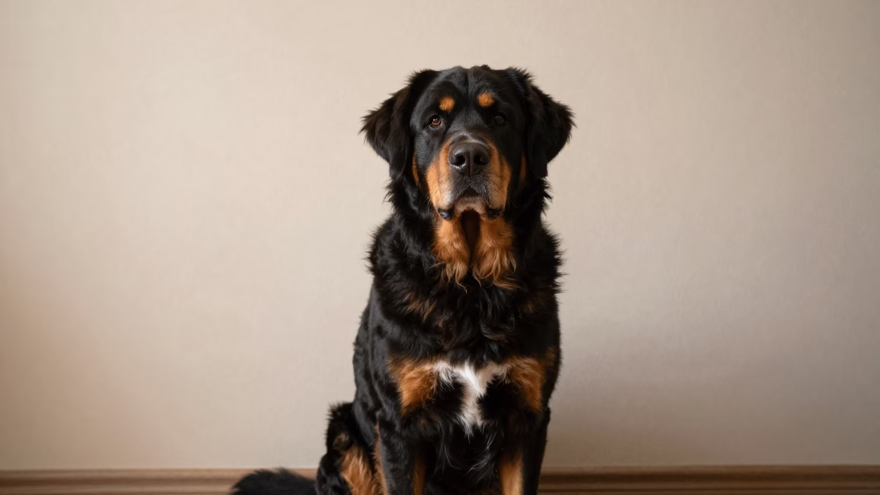 Greater Swiss Mountain Dog Portrait Almaty in beside a plain plaster wall in soft indoor light with the animal centered in frame in Almaty