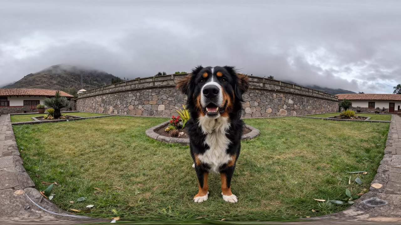 Greater Swiss Mountain Dog Portrait Cusco Garden in near a garden edge with soft morning light and an uncluttered background in Cusco