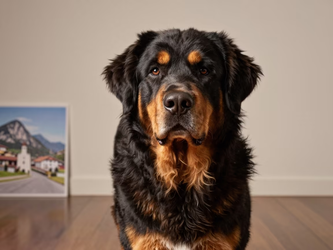Greater Swiss Mountain Dog Portrait in El Alto Studio in in a quiet portrait studio with a plain backdrop and eye-level framing near El Alto, La Paz