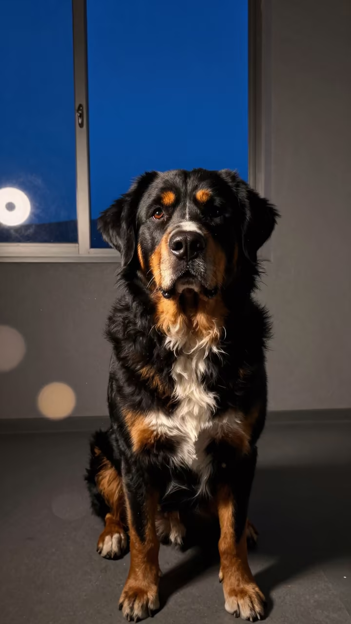 Greater Swiss Mountain Dog Portrait in La Paz Studio in in a quiet portrait studio with a plain backdrop and eye-level framing near Sopocachi, La Paz
