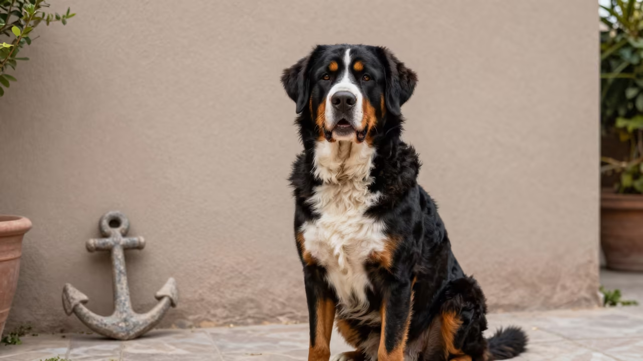 Greater Swiss Mountain Dog Portrait in La Paz in beside a plain courtyard wall in clear daylight with the animal at eye level in La Paz