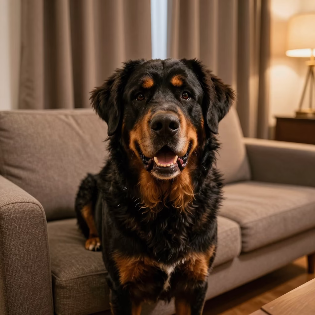 Greater Swiss Mountain Dog Portrait on Kathmandu Sofa in on a sofa near a curtained window with calm indoor light in Kathmandu