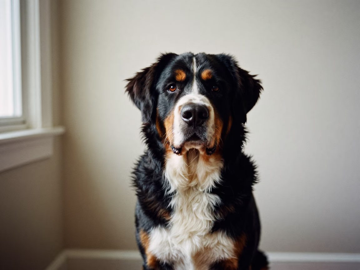 Greater Swiss Mountain Dog Portrait Vancouver in beside a plain plaster wall in soft indoor light with the animal centered in frame in Vancouver