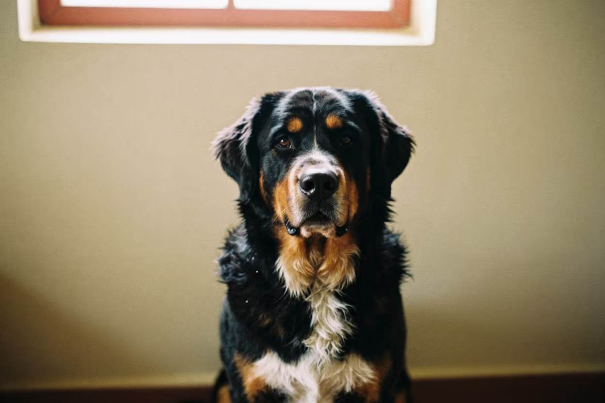 Greater Swiss Mountain Dog Portrait in beside a plain plaster wall in soft indoor light with the animal centered in frame near Pokhara