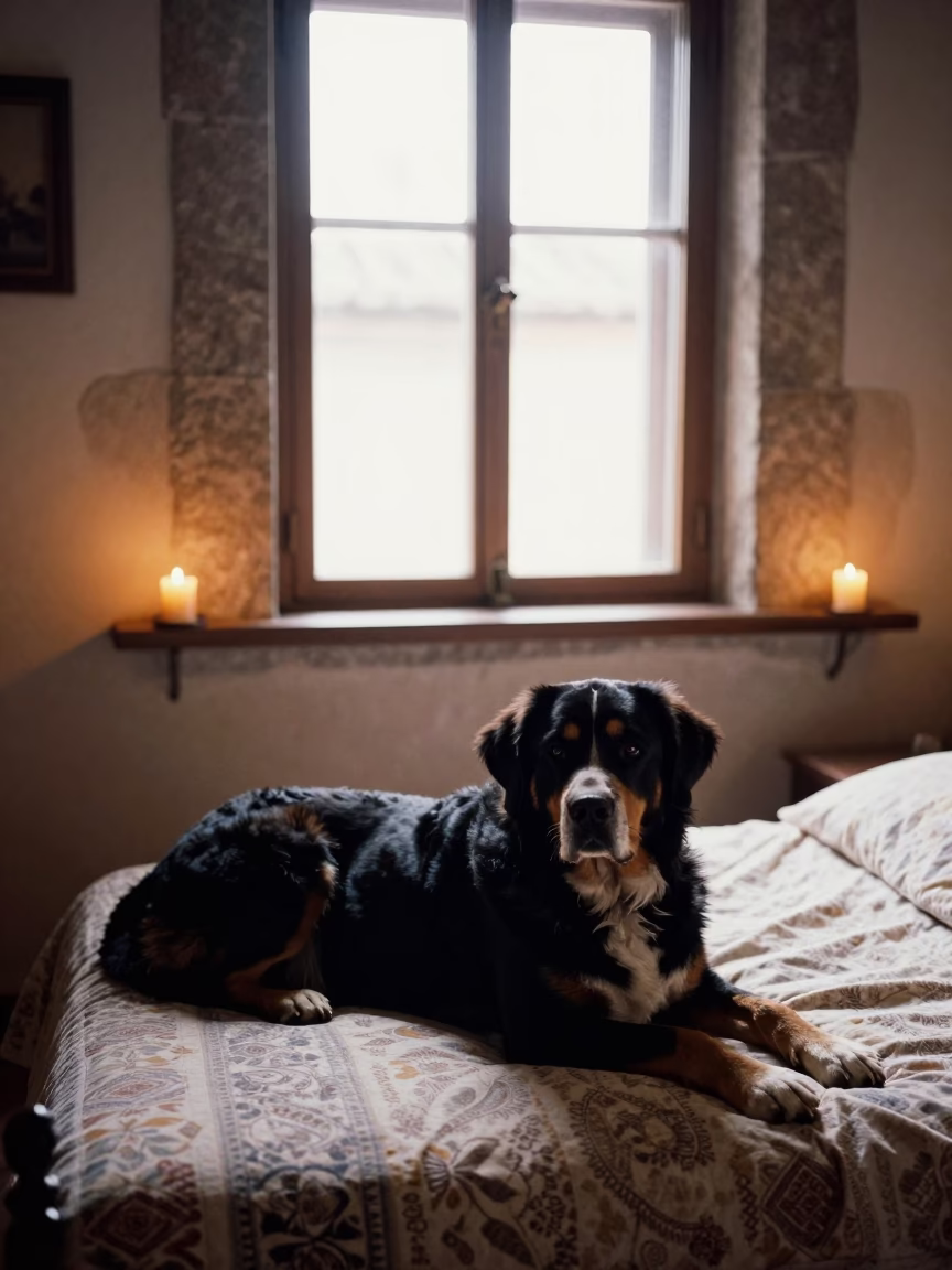 Greater Swiss Mountain Dog Resting on Bedspread Near Window in on a bedspread near a bright window with calm indoor light in Centro Historico, Quito
