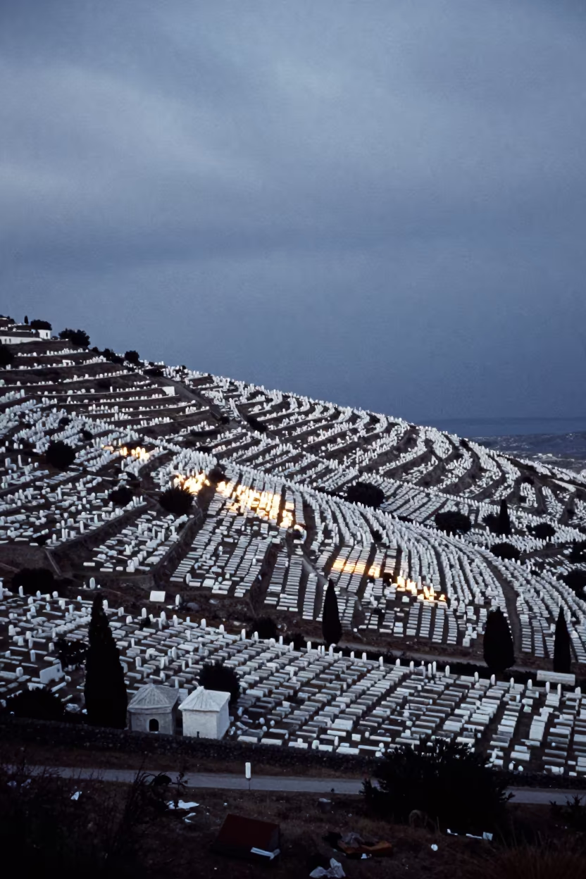 Greek Cemetery Aerial Blue Hour White Headstones in far above terraced hillsides in the Greek Islands