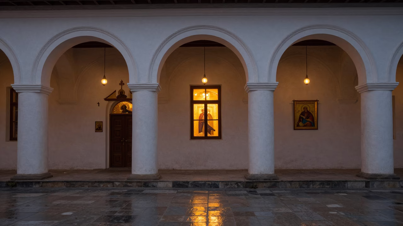 Greek Chapel on Almaty Monastery Corridor in along a monastery corridor in Almaty