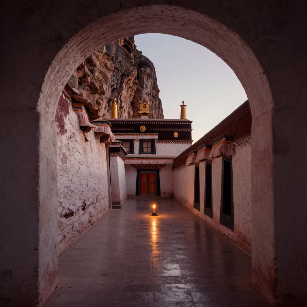Greek Chapel on Lhasa Cliff Sunset in inside a quiet cloister passage in Lhasa