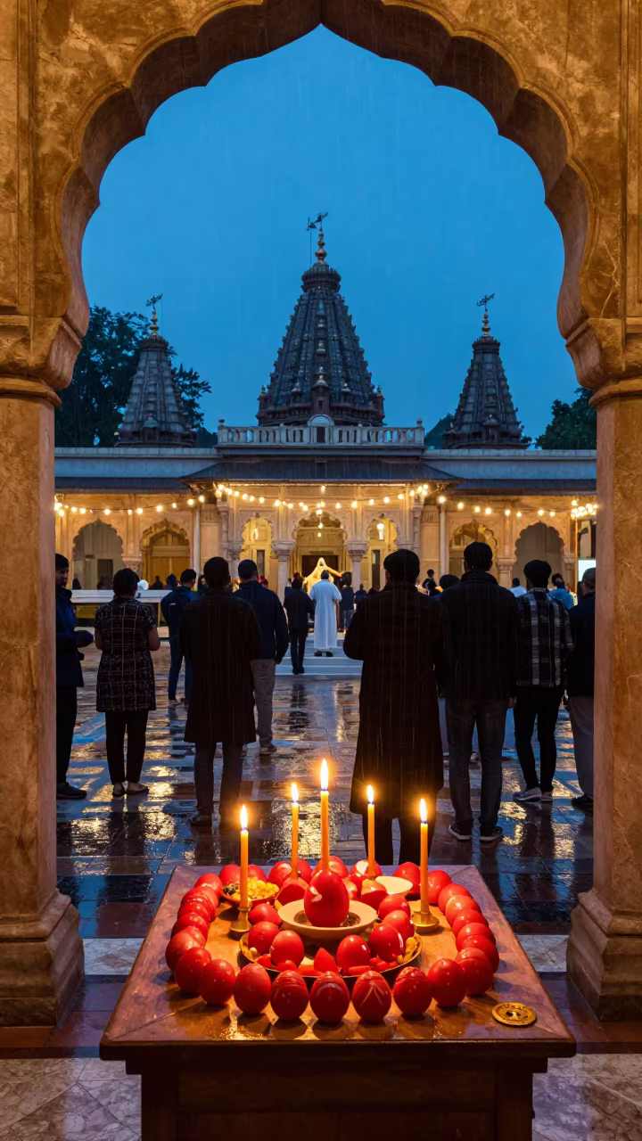 Greek Easter Red Eggs Candles Blue Hour Drizzle in in a temple courtyard near Hyderabad