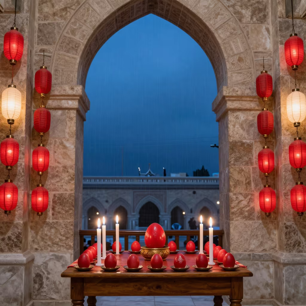 Greek Easter Red Eggs Candles Sanaa Shrine in in a shrine lined with lanterns in Sanaa