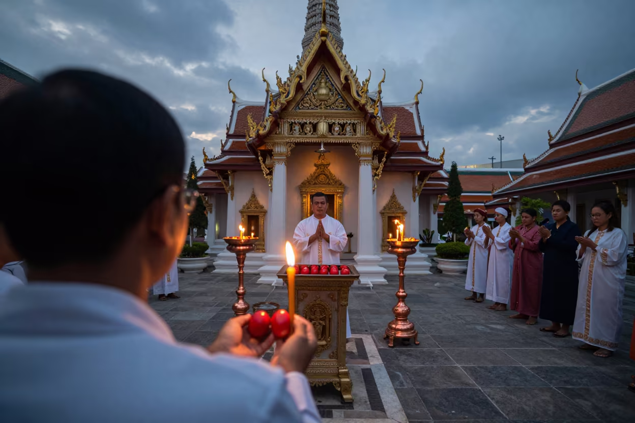 Greek Easter Red Eggs Candles Thonburi Temple in in a temple courtyard in Thonburi, Bangkok