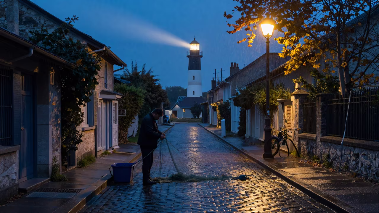 Greek Fisherman Untangling Seine Net in Paris in in a village lane near Bastille, Paris