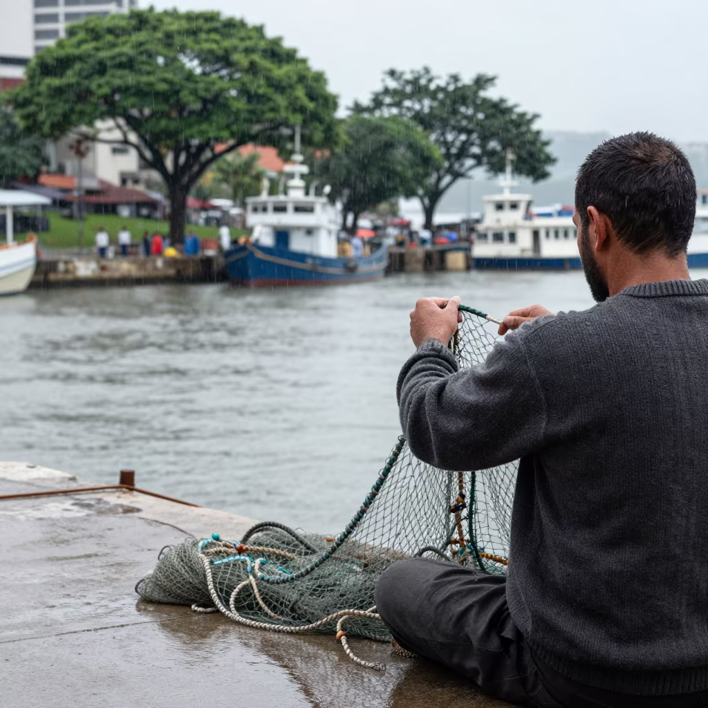 Greek Fisherman Untangling Seine Net in São Paulo in at a harbor quay near São Paulo