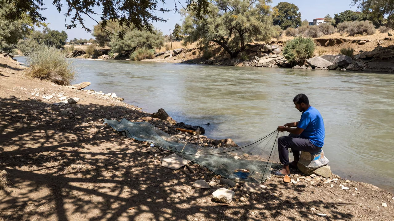 Greek Fisherman Untangling Seine Net in by a riverbank near Entoto, Addis Ababa