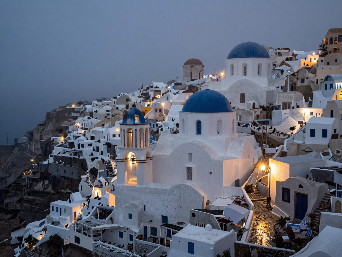Greek Island Night Drizzle City Lights Fog in in the Greek Islands