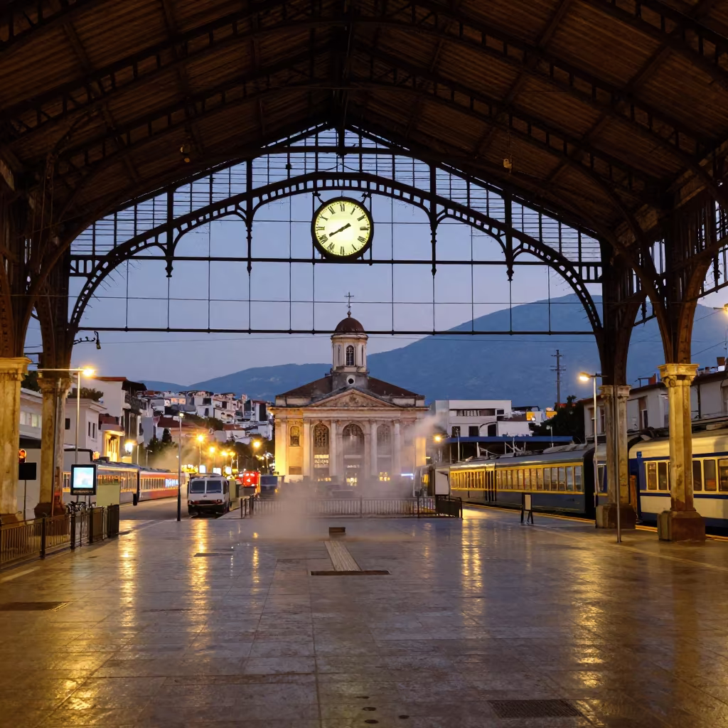 Greek Island Station Clock Under Iron Roof at Dusk in in the Greek Islands