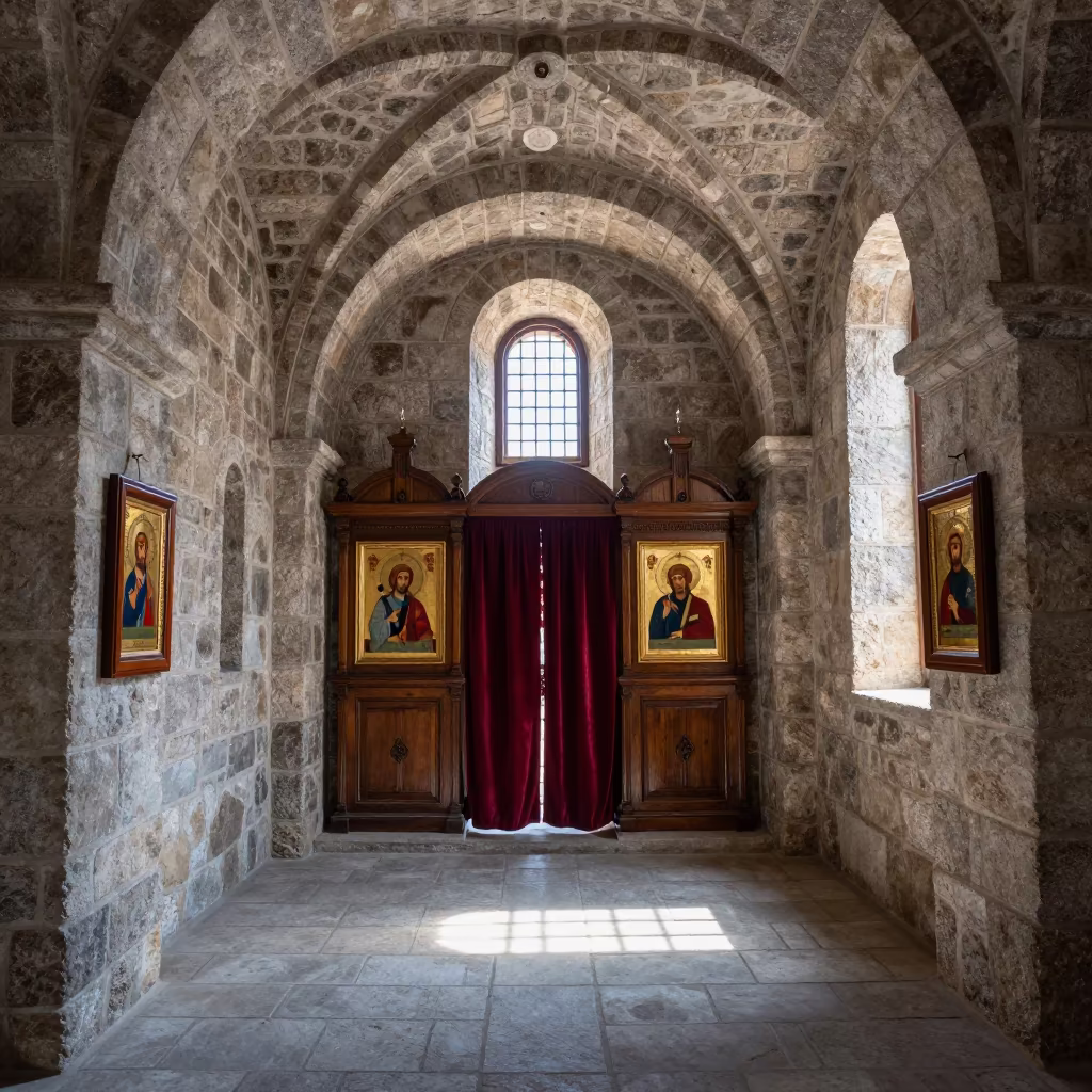 Greek Orthodox Chapel Interior Noon Light in inside a stone chapel in Holguin