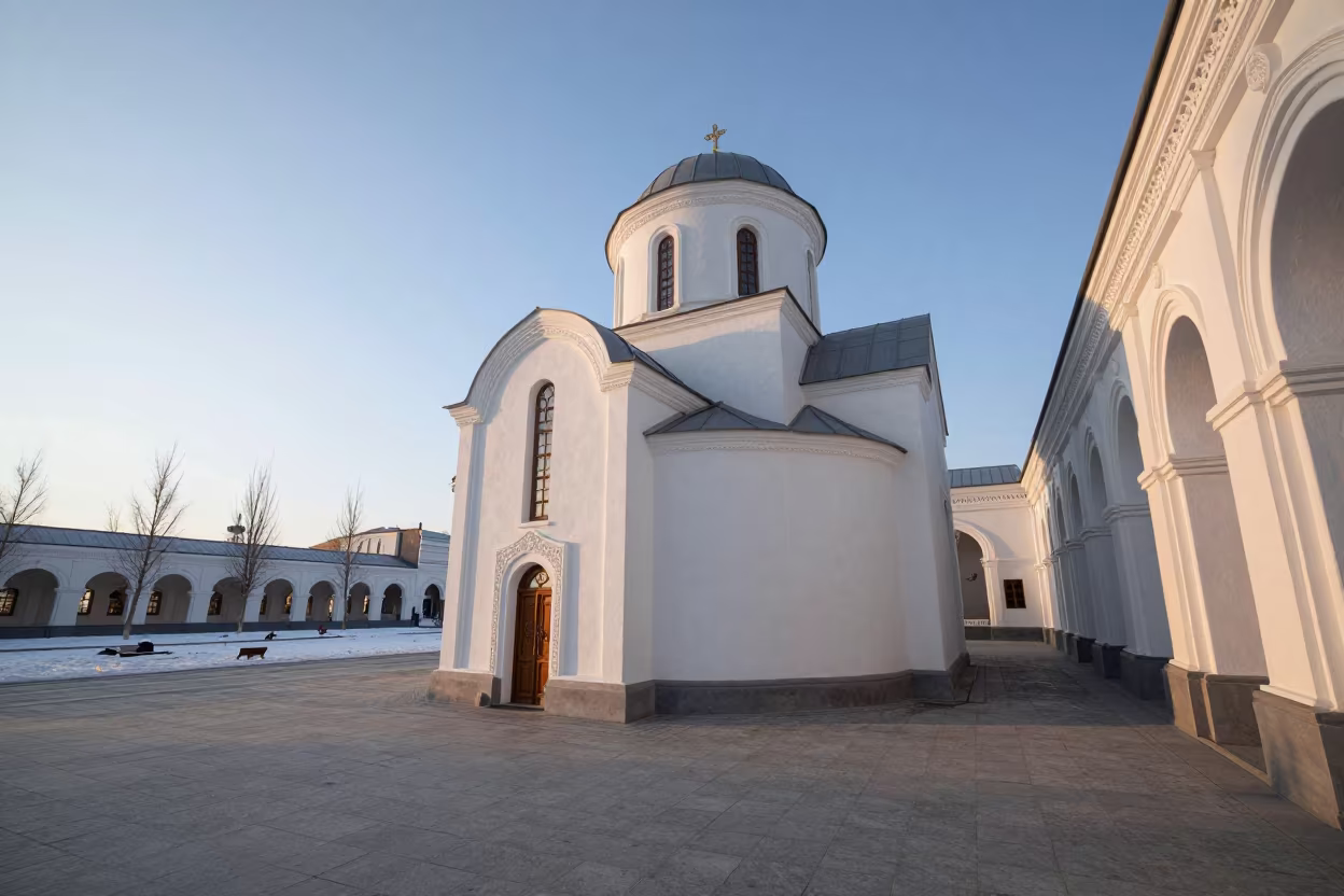 Greek Orthodox Chapel Winter Morning Light in along a monastery corridor in Astana