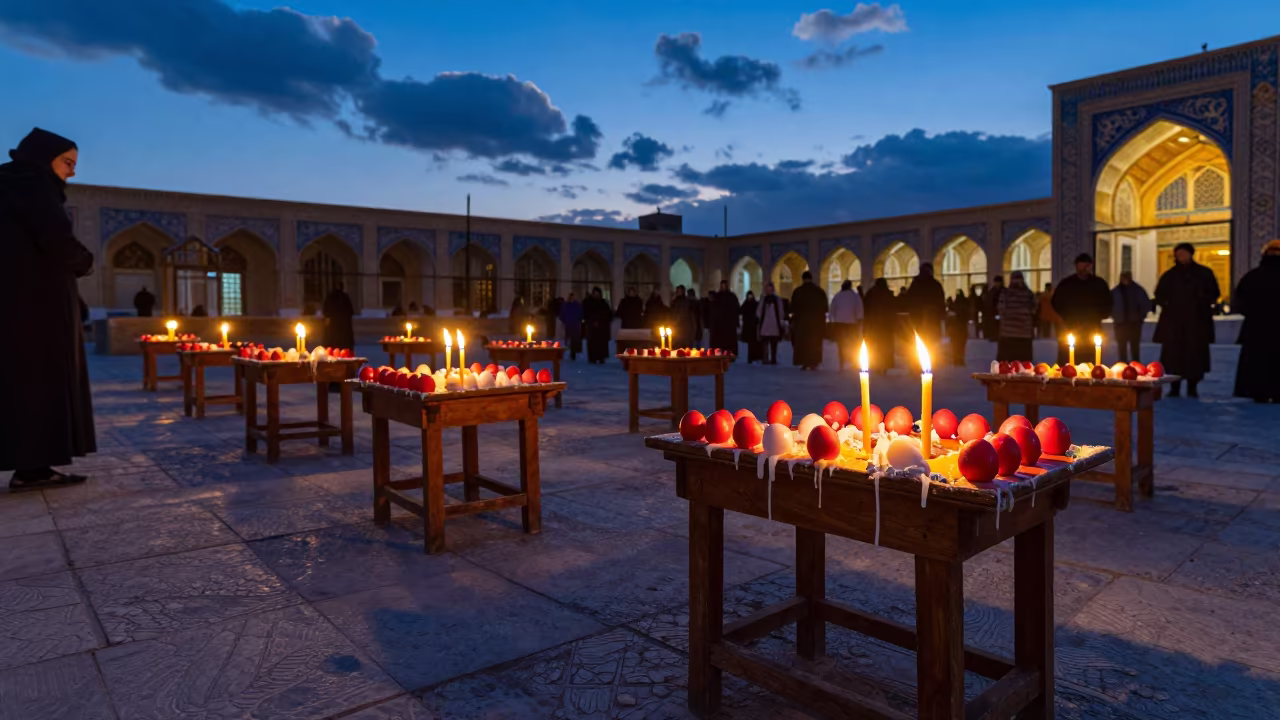 Greek Orthodox Easter Red Eggs Candles Temple Courtyard in in a temple courtyard near Mashhad