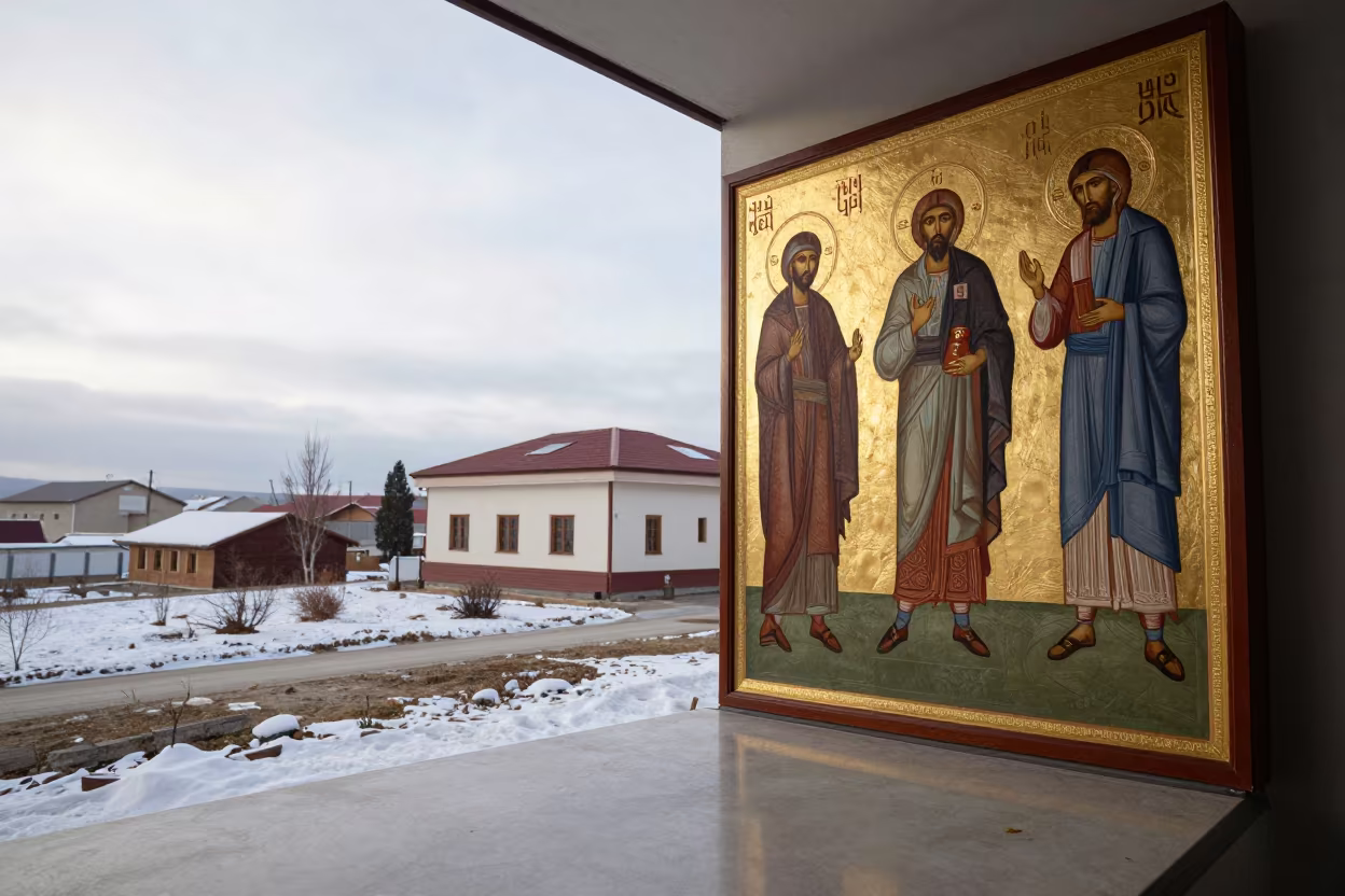 Greek Orthodox Iconostasis Saints Gilt Ledge in on a painted display ledge near Abiko