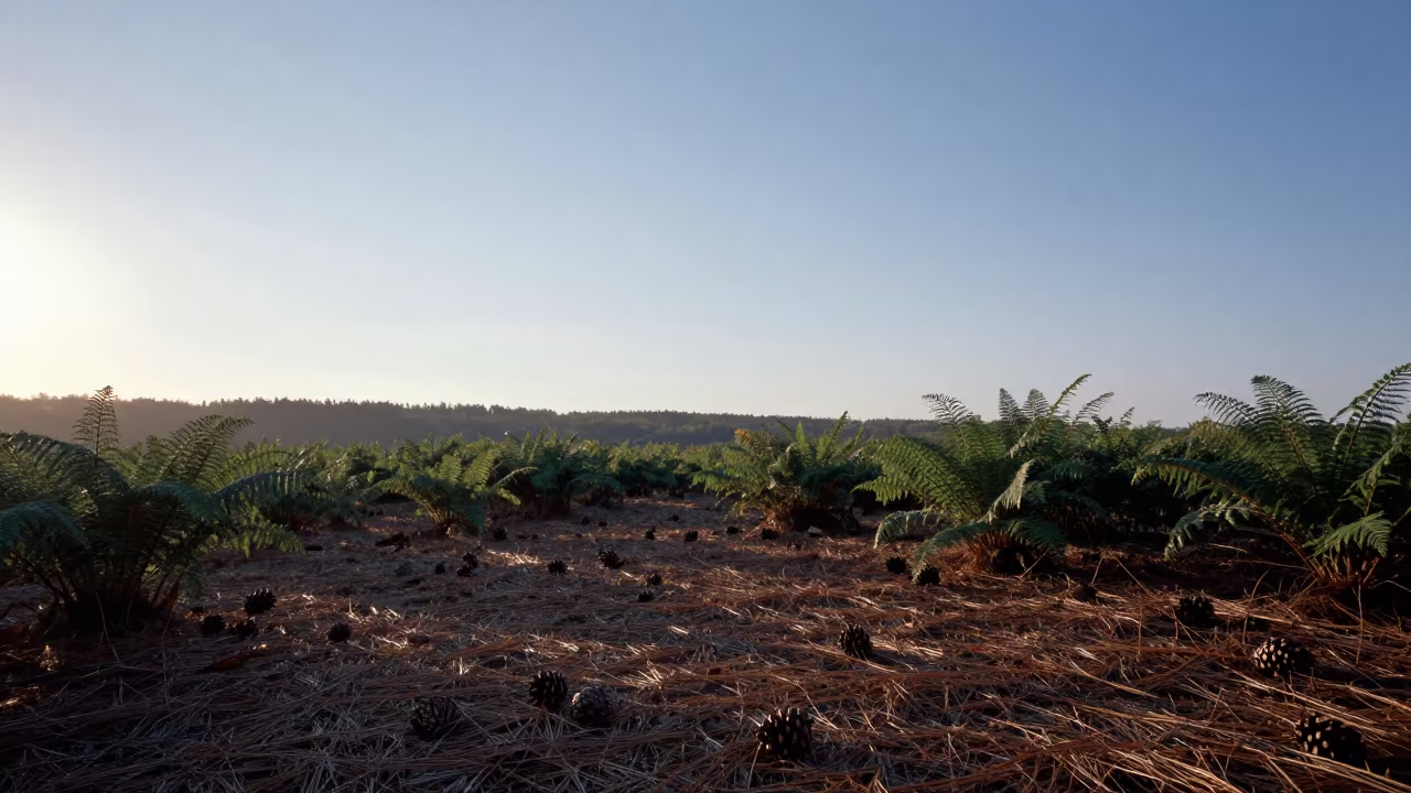 Greek Pine Forest Floor Before Sunrise in on a fern-lined forest floor in the Greek Islands
