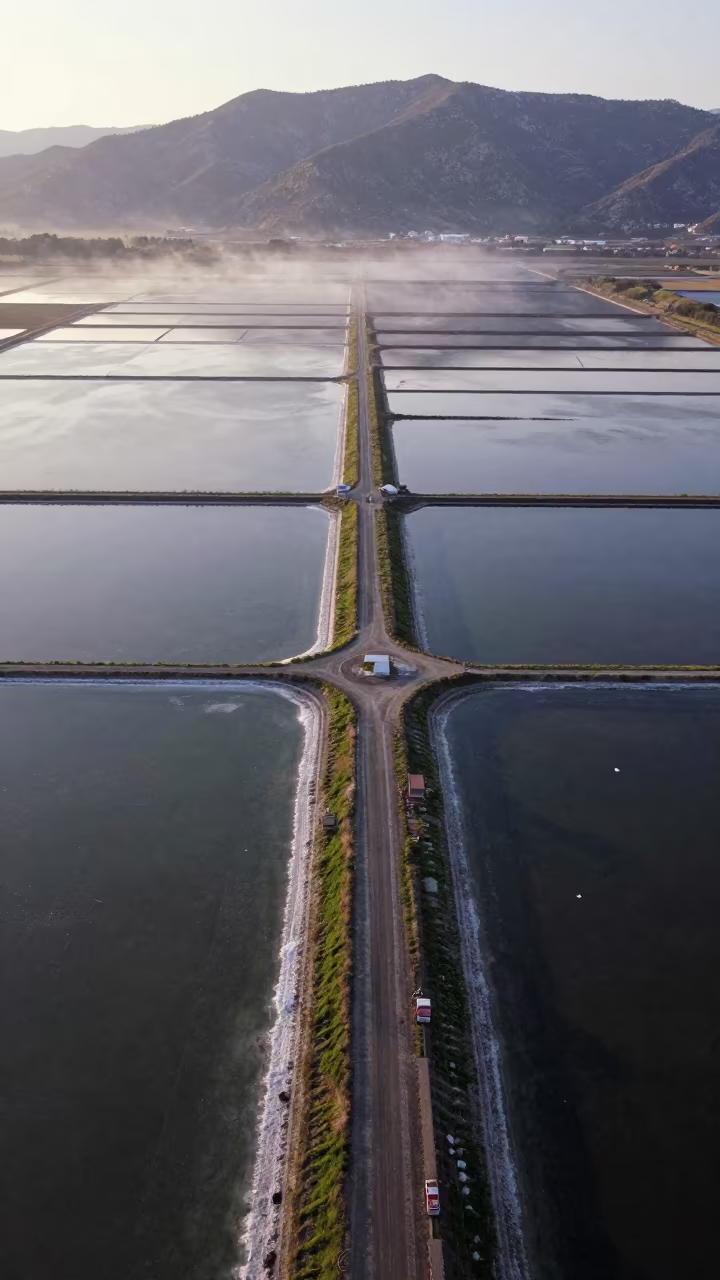 Greek Salt Ponds Aerial View After Rain in high over salt ponds and causeways in Greece