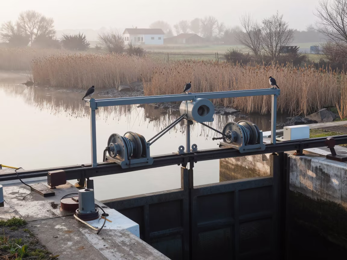 Greek Sluice Winch House at Dawn in at a canal lock chamber in Greece