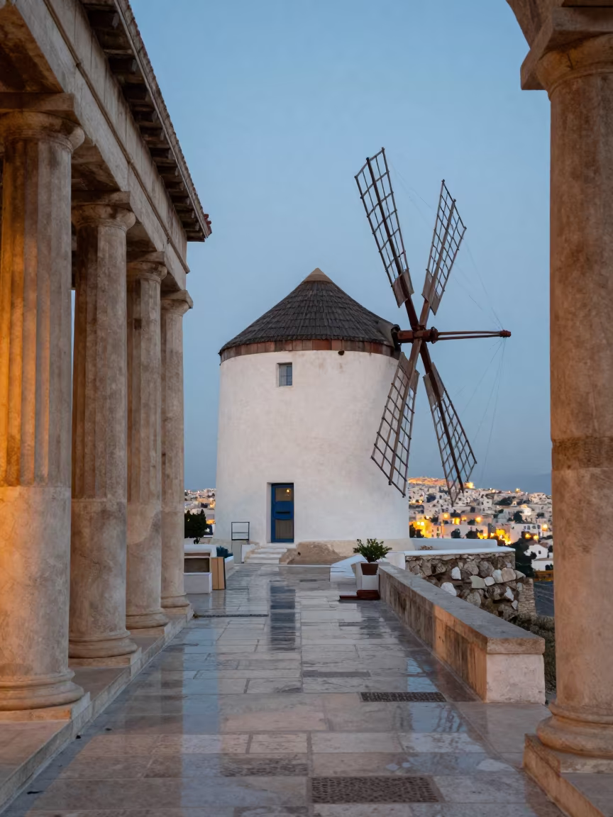 Greek Windmill Athens Colonnade City Lights in along a colonnaded facade in Athens