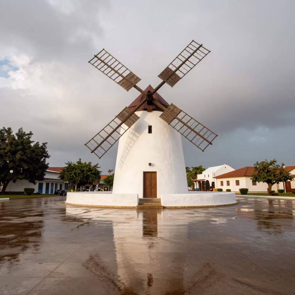 Greek Windmill in Benin City Plaza in across a formal civic plaza in Benin City