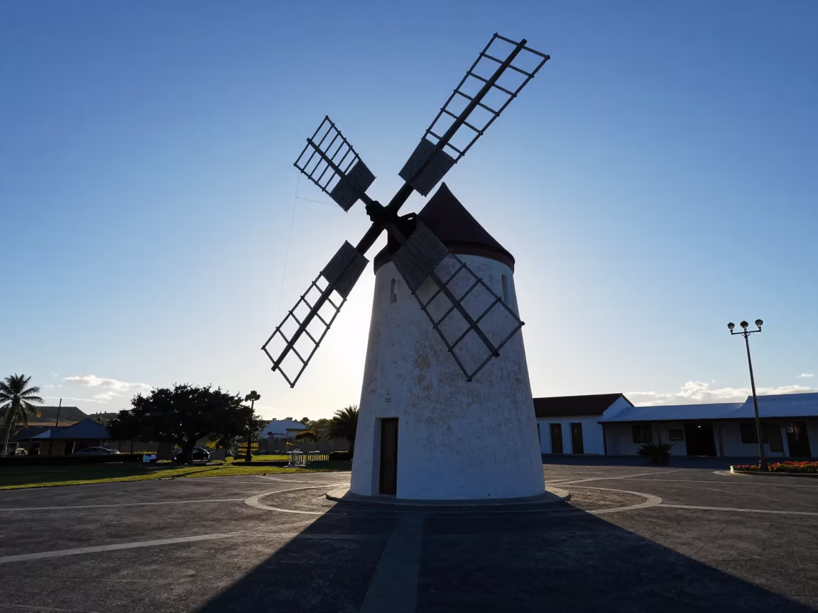 Greek Windmill Silhouette in Fiji Plaza Twilight in across a formal civic plaza in Fiji