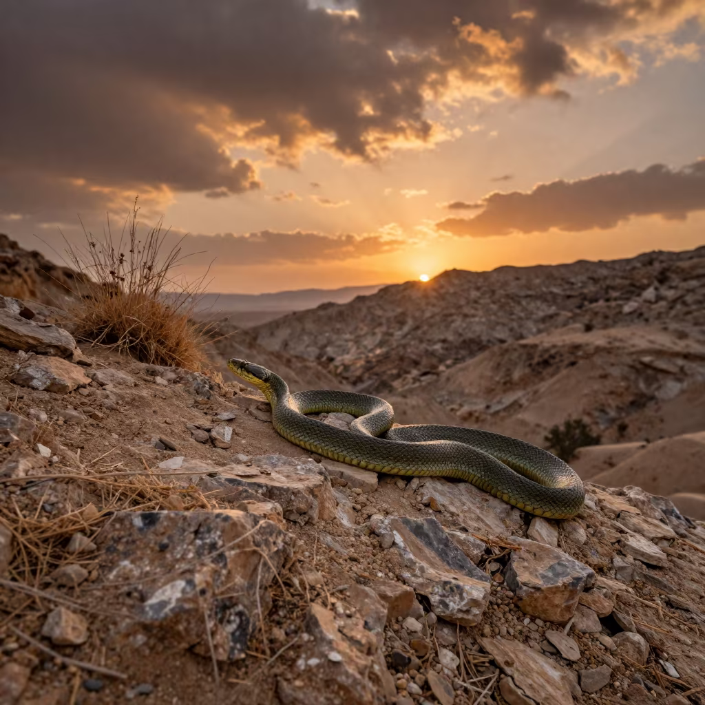 Green Anaconda Coiled on Kabul Ridge at Dusk in on a wind-scoured ridge near Kabul