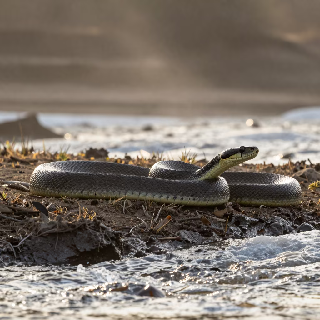 Green Anaconda Coiled in Swamp Light in above a glacial stream near Dar es Salaam